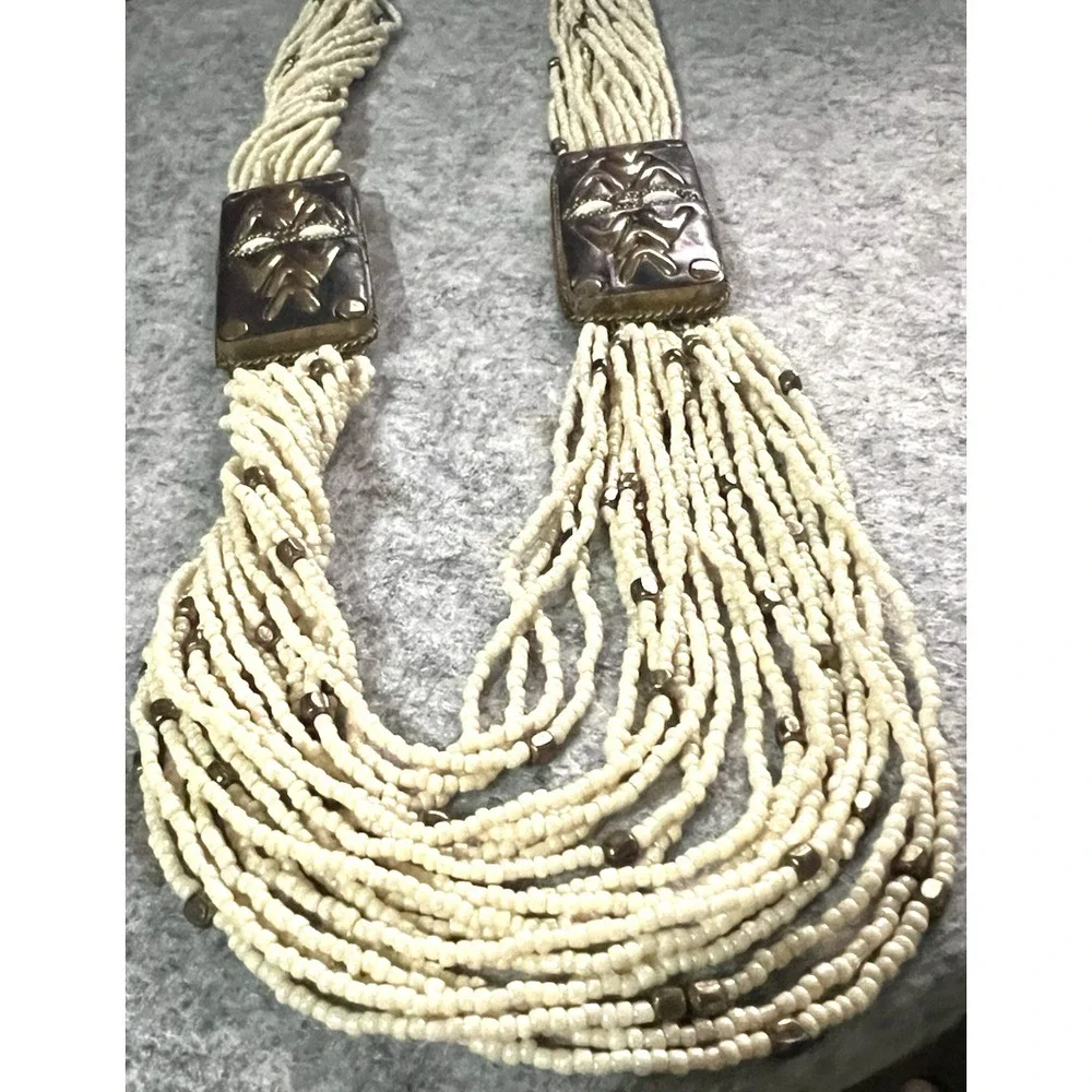 Vintage Necklace Multi Strand cream Seed Bead brass Round Beads 26
